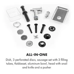 Mett Max Elektrischer Fleischwolf 600W Kupfermotor Aluminium 15 Mett Max Elektrischer Fleischwolf 600W Kupfermotor Aluminium -Haushaltsgeräte Geschäft 10034244 yy 0006 logo Klarstein Mett Max elektrischer Fleischwolf grau