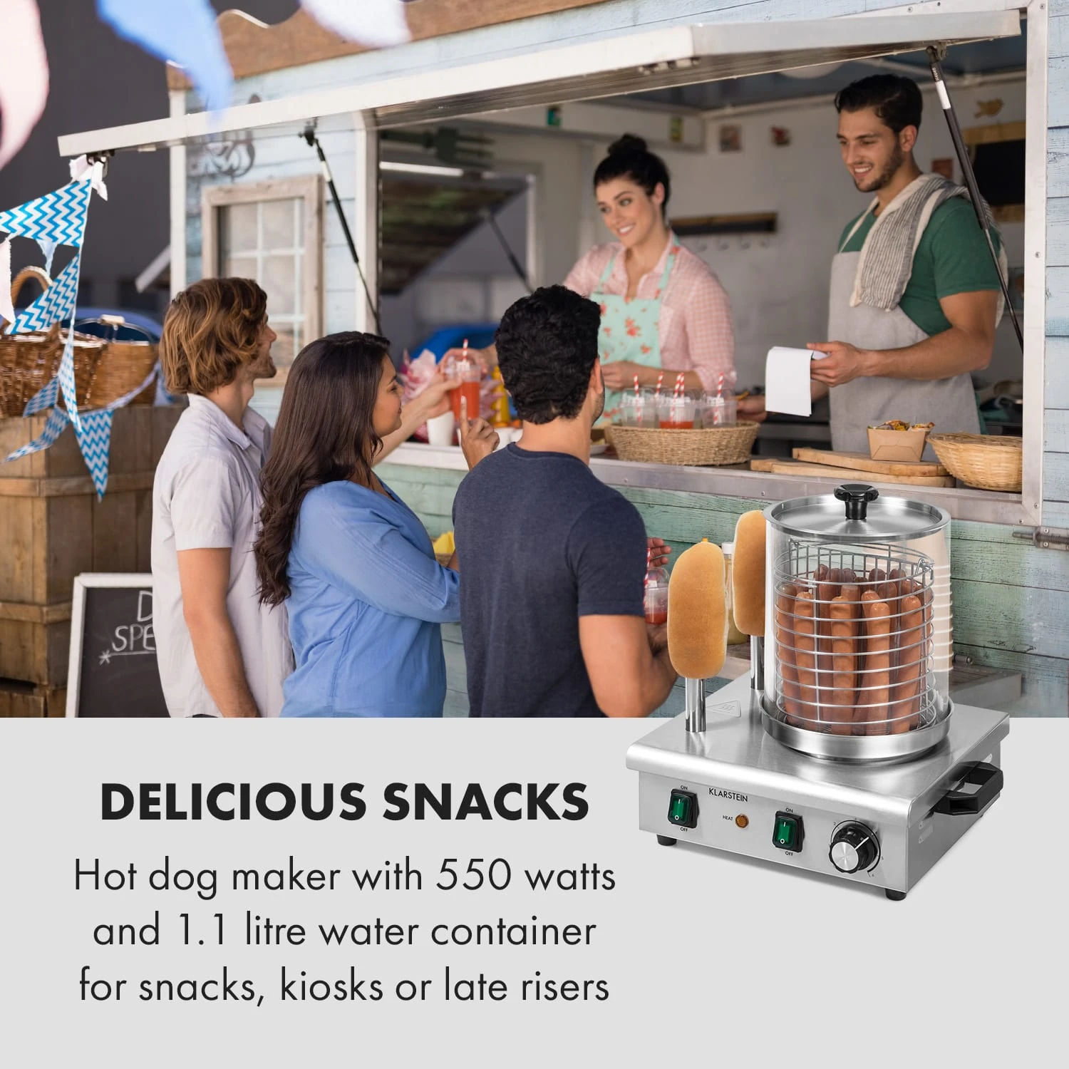 Wurstfabrik Pro 550 Hot Dog Maker 550W 2 Spieße 5L 30-100°C Edelstahl 4 Wurstfabrik Pro 550 Hot Dog Maker 550W 2 Spieße 5L 30-100°C Edelstahl – Bild 2